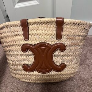 Celine Natural Straw Tote with Brown Leather